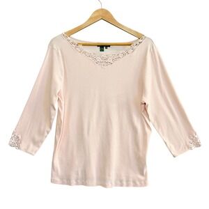 LRL Pink Lace Trim Ribbed Knit 3/4 Sleeve Top Womens XL Feminine Classic Casual